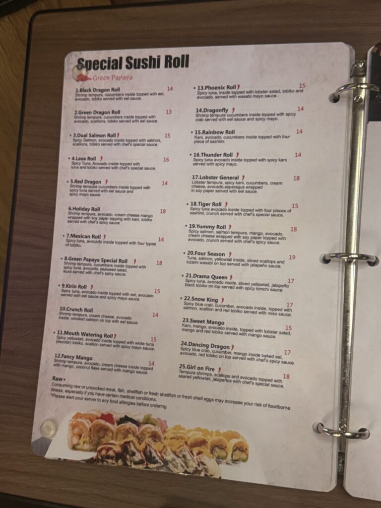 (St Aug) Green Papaya Thai-Sushi-Bar Menu 1