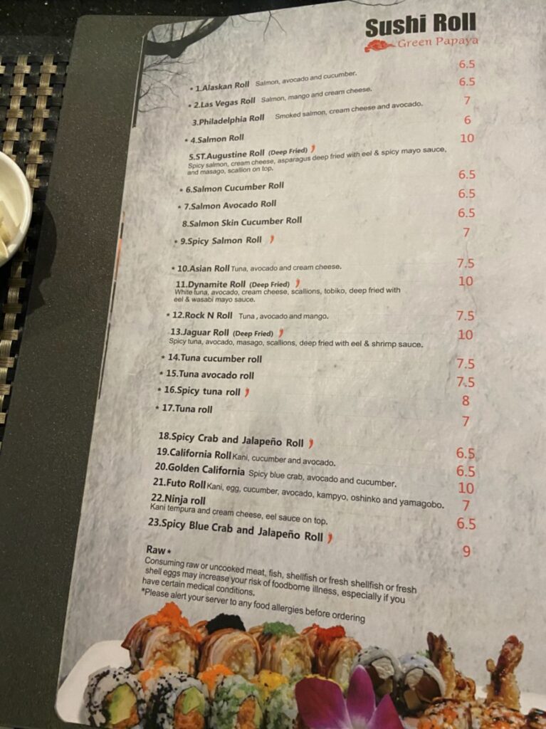 (St Aug) Green Papaya Thai-Sushi-Bar Menu 8